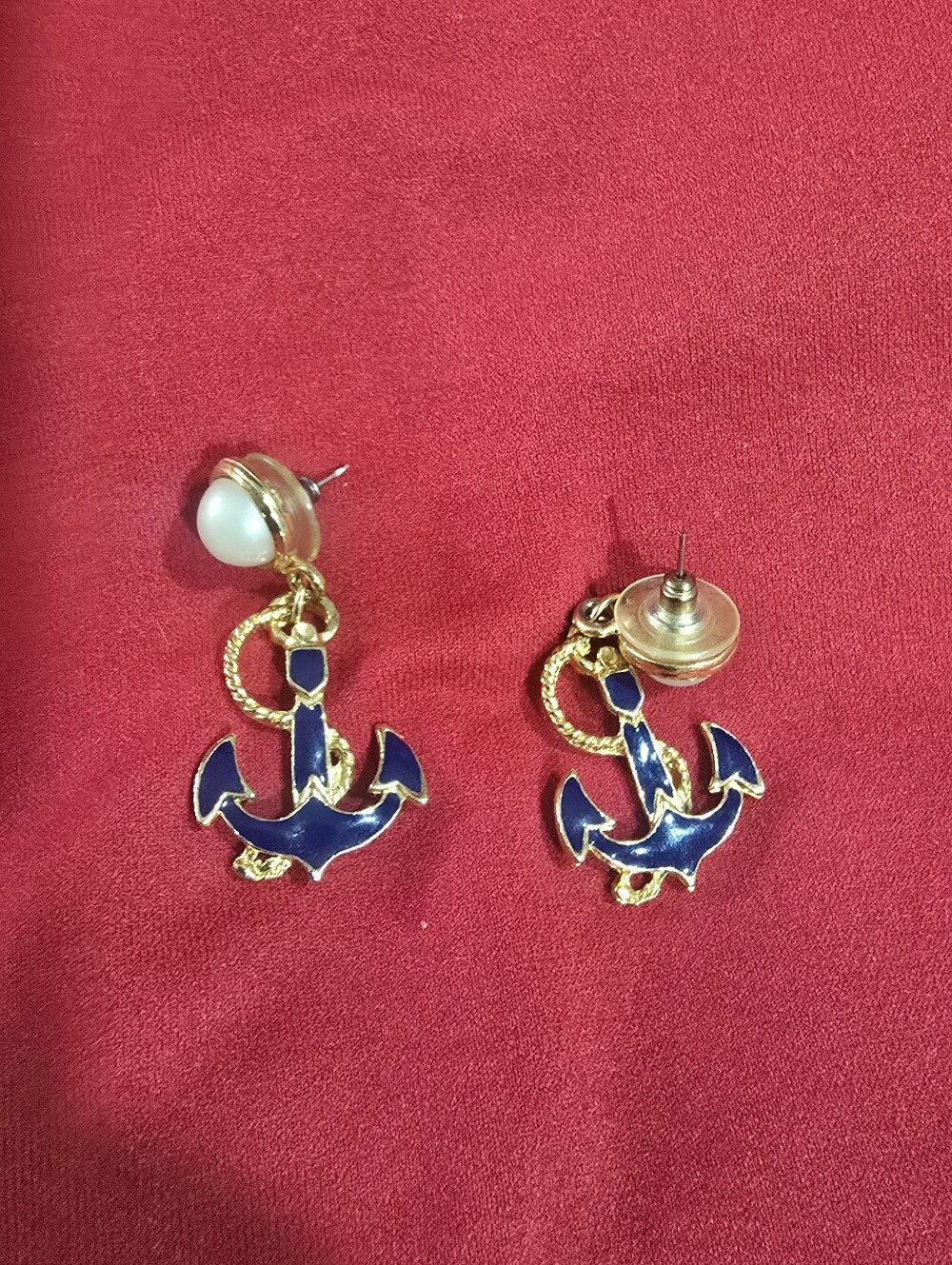 Navy Blue Anchor Drop Earrings with Pearl Stud - Picture 3 of 6